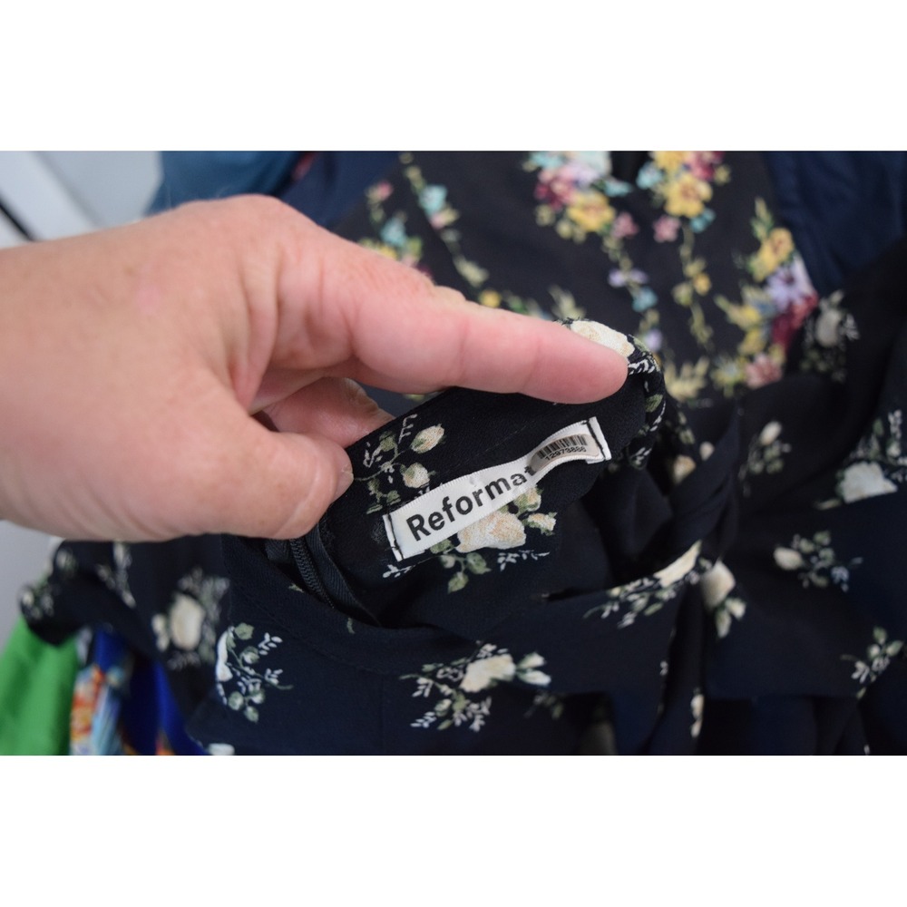 Reformation Cassie Mini Dress 4 Black Floral Tie Neck Dark Floral Puff Sleeve - Picture 4 of 5